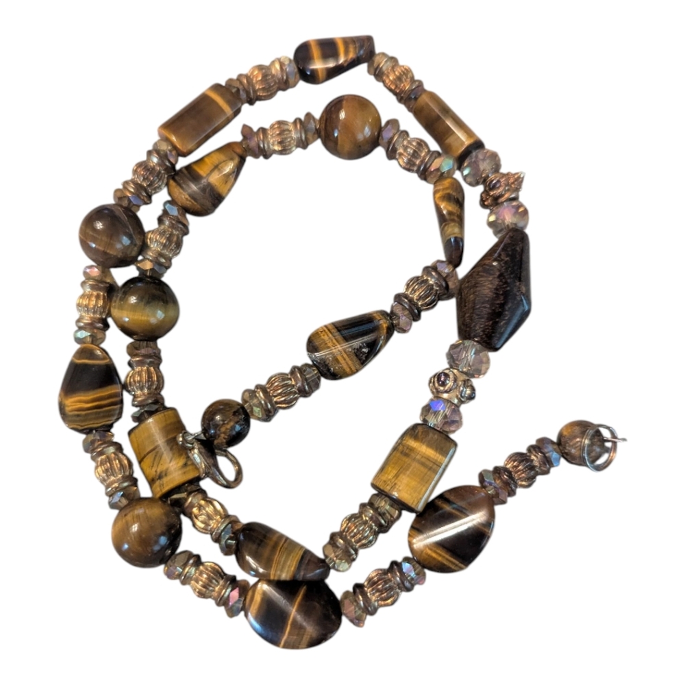 Vintage Tiger Eye, Brass & Faucet Crystal Beaded Necklace 22"